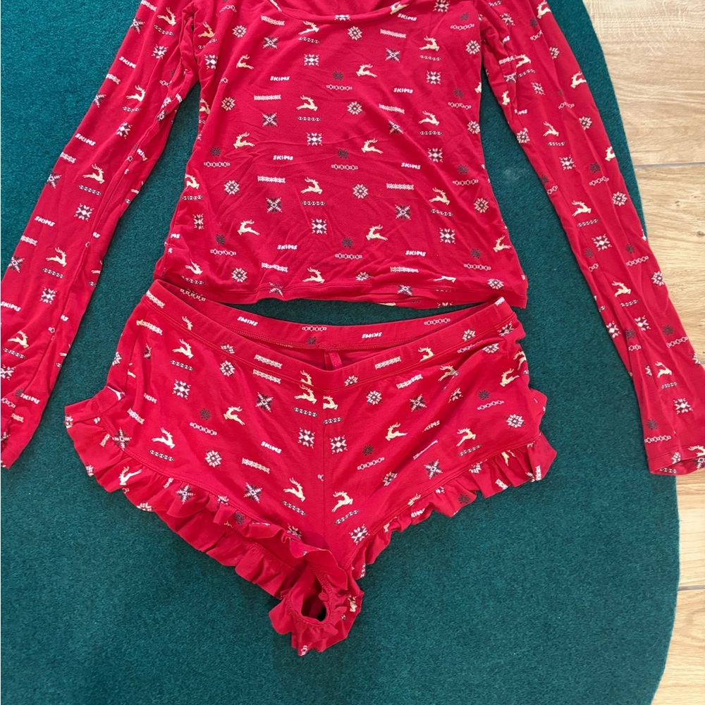 SKIMS Red Patterned Pajama Set, worn for Christmas morning family pictures, S